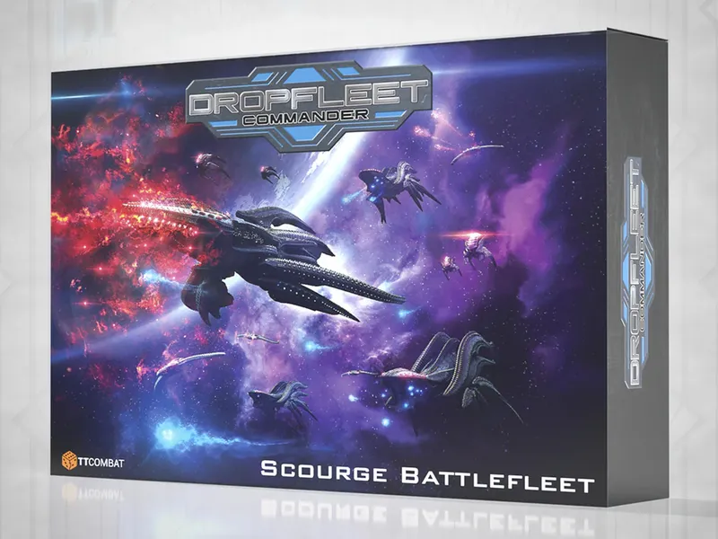 A vibrant box cover for the "Scourge Battlefleet" from Dropfleet Commander features a large, menacing ship with elongated, spiky structures, surrounded by smaller, agile vessels. The background showcases a cosmic scene filled with swirling nebulae in shades of purple, blue, and red, creating a dramatic space environment. The title "DROPFLEET COMMANDER" is prominently displayed at the top, with "Scourge Battlefleet" clearly labeled at the bottom.