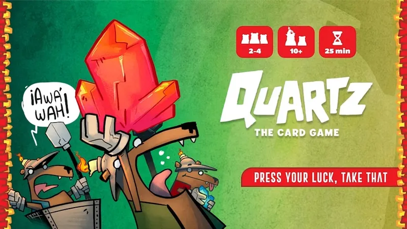 Cartoon gnome in armor holding a red crystal, text "Quartz THE CARD GAME PRESS YOUR LUCK"