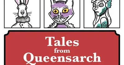 "Tales from Queensarch By Jesse English" with 9 illustrated character portraits in a grid.