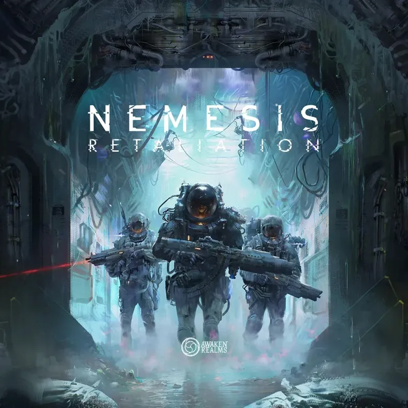 Three figures in futuristic space suits and helmets walk through a dimly lit, industrial corridor with exposed pipes and wiring. Each holds a large firearm. The central figure is slightly ahead, aiming their weapon forward. A red laser sight is visible. The background features a large archway with glowing blue and purple lighting. Above them, the text "NEMESIS RETALIATION" is prominently displayed in white capital letters. In the bottom right corner, the Awaken Realms logo is visible.