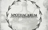 Black circular laurel wreath with text "APOTHACARUM a Solo journaling Medical RPG adventure."
