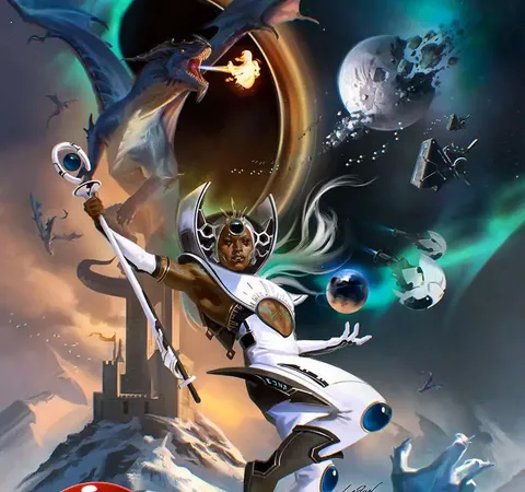 A futuristic warrior in white armor fights a dragon in space, with planets and debris around.