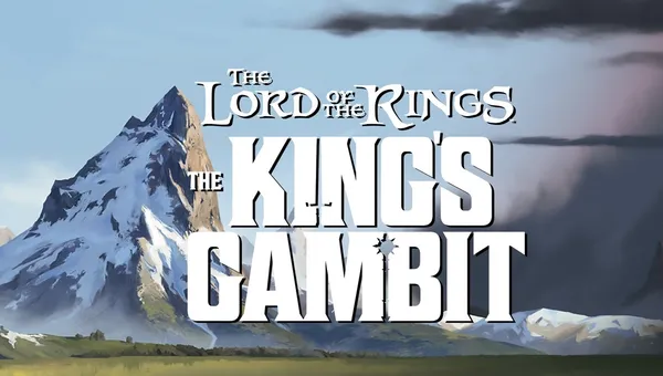 The image features the title "The Lord of the Rings: The King's Gambit" prominently displayed against a backdrop of a majestic mountain landscape. The mountain, with its snow-capped peak, is set against a clear blue sky, creating a sense of adventure and grandeur. The title is styled in bold, white letters, emphasizing the epic nature of the game.