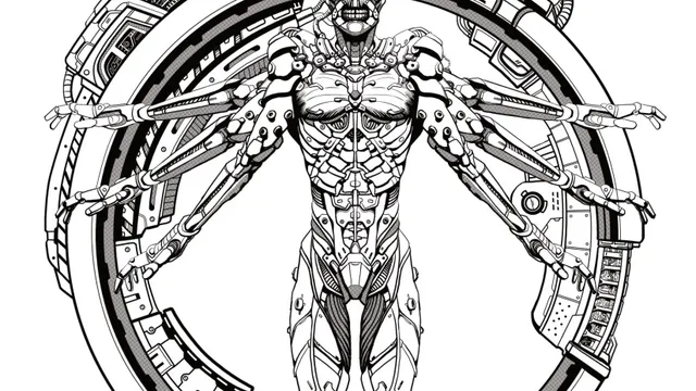 A detailed black-and-white line drawing of a humanoid figure with a skeletal, cybernetic appearance. The figure stands front-facing within a circular frame resembling a mechanical or technological structure. Its body combines organic bone and muscle with mechanical components: exposed ribs, spine, and limbs are interwoven with pipes, gears, and robotic joints. The head is skull-like with hollow eye sockets and a gaping mouth. The arms extend outward, ending in clawed hands, while the legs are positioned apart, anchored to the circular base by mechanical supports. At the bottom of the image, inside a black rectangular box, white text reads: "FOR USE WITH THE MOTHERSHIP 1E".