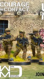 A group of five U.S. Marine miniatures is depicted, each in tactical gear and holding weapons, set against a backdrop of a weathered building with visible stone walls and a window. The miniatures are painted in a camouflage pattern, and they stand on circular bases with tufts of grass around them. The text "COURAGE IN CONTACT" and "UNITED STATES MARINE CORPS" is prominently displayed, along with a call to action to "JOIN THE FIGHT ON KICKSTARTER."