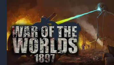 The image features a dramatic scene from "War of the Worlds 1897," showcasing a Martian tripod with a glowing blue beam aimed at a human figure in a desolate landscape. The background is filled with fiery hues, suggesting chaos and destruction. The title "WAR OF THE WORLDS 1897" is prominently displayed at the bottom in a bold, textured font, enhancing the game's thematic intensity. The overall atmosphere conveys a sense of peril and urgency, reflecting the narrative-driven survival RPG concept.