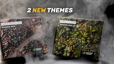 Two boxes labeled "JUNGLE FLOOR BASING BOX" and "CHAOS WASTELAND BASING BOX" with smoke.