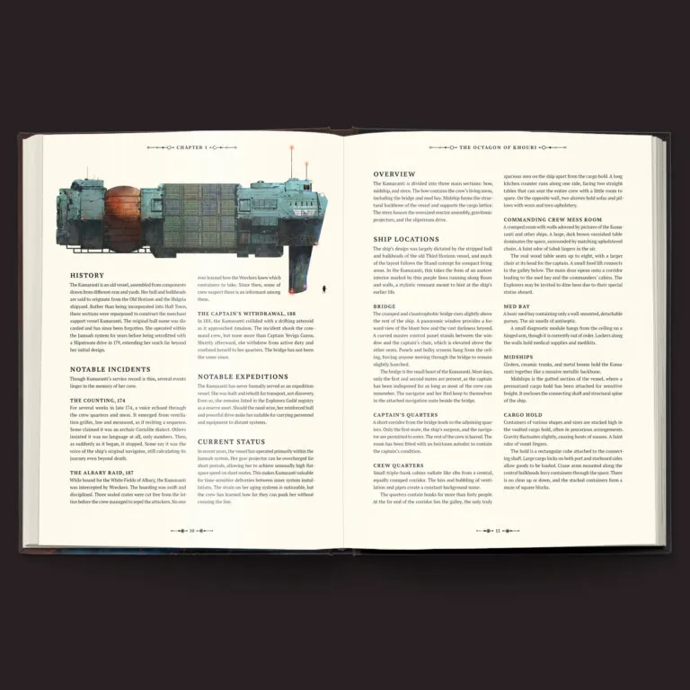 A detailed open book displays information about the new ship, The Kumaranti, from Free League Publishing's Coriolis: The Great Dark. On the left page, an illustration of the ship shows its robust design, featuring a large cargo hold and prominent engines. The right page contains text outlining the ship's history, notable incidents, and various locations within the ship, such as the bridge, captain's quarters, and med bay, providing a comprehensive overview for players.