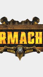 The image features the logo for "Warmachine," prominently displayed with bold, fiery yellow letters against a textured black and brown background. Above the text, there are mechanical elements resembling pipes or machinery, adding to the industrial theme of the game. The overall design conveys a sense of power and intensity, fitting for the tabletop gaming universe it represents.