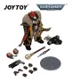 A stylized action figure of a character in ornate armor with a fur-lined cloak, red cape, and detailed accessories. The figure has a helmet with a red plume, exposed fangs, and a skull emblem on the chest. Surrounding the figure are interchangeable parts: two heads with helmets, multiple hands, a mace with a spiked head, a dagger, a pistol, a backpack with exhaust-like details, and a circular base. The text "JOYTOY" appears in black at the top left, and "WARHAMMER 40,000" is displayed in a blue and silver banner at the top right.