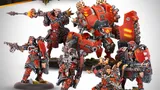 A Khador warband from Warmachine features five miniatures prominently displayed. The unit includes the Warcaster Kapitan Zahara Vilkul, a large character warjack named Razor, and three character solos, including Sergeant Goran Lazarenko and the Hounds. The miniatures are painted in a striking red and black color scheme, showcasing intricate details and weaponry, with Razor towering over the others, emphasizing the unit's vanguard role.
