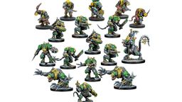 A diverse group of Verr-Myn miniatures is displayed, showcasing various characters from the faction. Prominent figures include heavily armored Stalkers and Runners wielding weapons, alongside smaller Thralls and a formidable Crone Mother with bio-augmented features. The miniatures feature a mix of green and gray colors, with intricate details highlighting their cybernetic enhancements and weaponry, all set against a plain white background.
