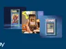 Graded trading card in a case, hand holding phone scanning a Pokémon card, eBay logo.
