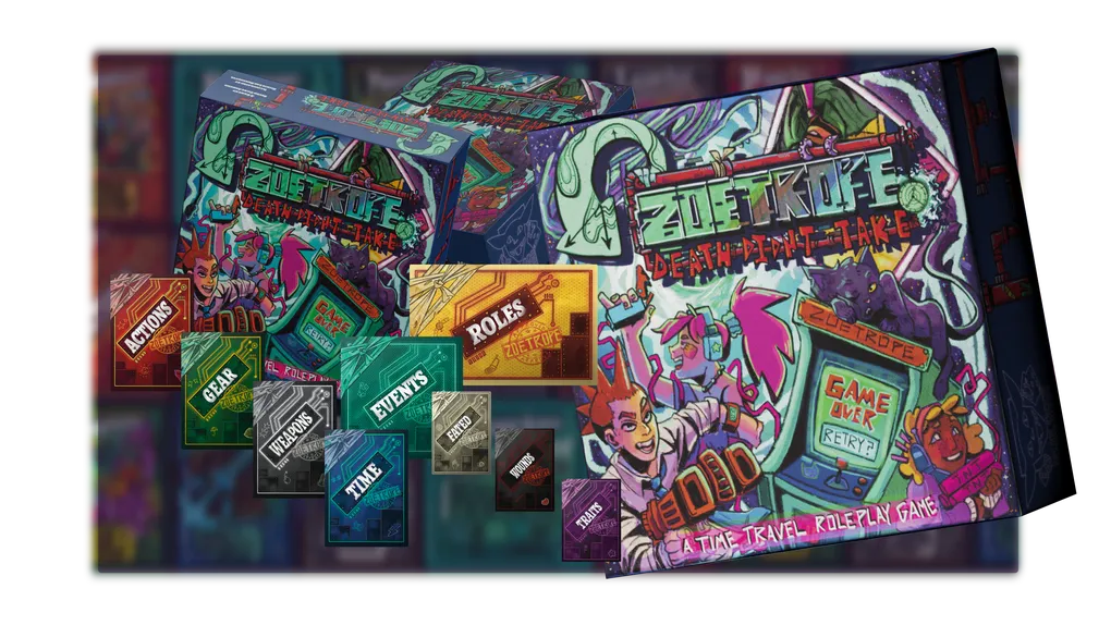 An image featuring the game box for ZOETROPE, as well as the variety of multi-colored cardbacks for all the types of cards present in the game.