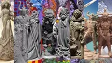 A collection of 28mm scale miniatures inspired by the artwork of Jim Fitzpatrick, showcasing various characters from Celtic mythology. The miniatures display intricate details, with some in grayscale and others in earthy tones, highlighting their unique designs and textures. The background features vibrant illustrations that complement the miniatures, enhancing the overall mythological theme.