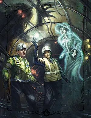 Two police officers in high-visibility jackets and white helmets stand in an underground setting with industrial pipes and machinery. One officer raises a hand, palm forward. Behind them, a translucent, glowing figure in a long green dress and wide-brimmed hat floats, emitting a faint blue-green light. The background is dark with metallic and stone textures.