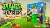 The image features the logo and box art for "Plants vs. Zombies: The Board Game." The logo is prominently displayed in bold green and red letters, with playful plant and zombie illustrations surrounding it. The box art showcases various iconic characters from the franchise, including a Peashooter and a zombie, set against a colorful garden backdrop. The branding includes the names "PopCap" and "Mantic" at the bottom.