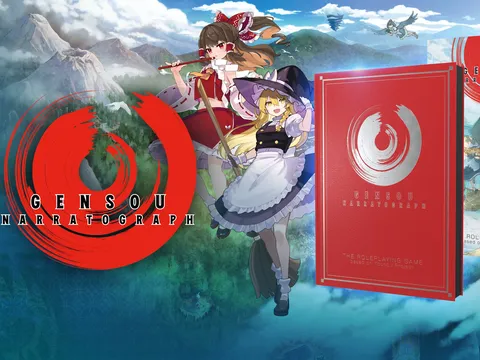 Two anime-style characters standing on a mountainous landscape with a lake and waterfall. One character has brown hair in a bun, wears a dark outfit, and holds a staff. The other has blonde hair, wears a white apron dress, and holds a rifle.