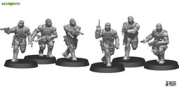 Three sci-fi miniatures are displayed, featuring stealth-suited soldiers in dynamic poses. The figures are equipped with various weapons, including a pistol and an MP7, and wear tactical gear such as body armor and goggles. Each miniature stands on a circular base, showcasing detailed sculpting and design.
