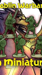 A lineup of eleven green forest goblin miniatures, each standing on a circular base, is displayed prominently in the foreground. They are depicted in various poses, wielding weapons such as swords and shields, showcasing their unique designs. In the background, a fierce creature with sharp teeth and vibrant colors adds a dynamic contrast, while the text "Forest Goblin Warband" and "Midlam Miniatures" is boldly featured at the bottom.