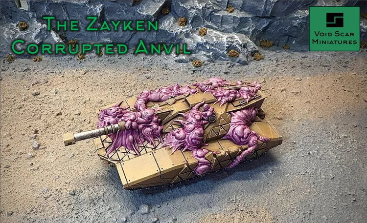 A sci-fi tank, referred to as the Zayken Corrupted Anvil, is prominently displayed, featuring a base color of tan with grotesque, purple bio-organic growths covering its surface. The tank's barrel is visible at the front, while the surrounding terrain is a barren, dusty landscape with rocky formations in the background. The title 
