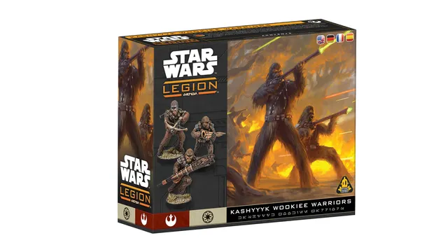 A box for the "Star Wars: Legion" game features a dynamic illustration of Kashyyyk Wookiee warriors in action, with two prominent Wookiees wielding blasters amidst a fiery backdrop. The left side of the box displays three detailed miniatures of Wookiee warriors, showcasing their distinctive fur and weaponry. The title "Kashyyyk Wookiee Warriors" is prominently displayed at the bottom, along with the game's branding and logos.
