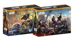 Two chunky starter sets for Star Wars Legion are displayed, featuring the Rebel Alliance and Separatist factions. The Rebel Alliance set showcases characters like Luke Skywalker and various scouts and Wookiees, while the Separatist set includes General Grievous and a variety of droids, including battle droids and super battle droids. Each box features vibrant artwork depicting the characters and their respective armies, with the text "STAR WARS LEGION" prominently displayed on the front.