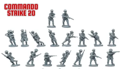 A collection of 20mm scale miniatures representing the British Eighth Army infantry platoon, sculpted in gray plastic. The figures are posed in various stances, including standing, kneeling, and lying down, with some holding rifles and others in action poses. The bottom of the image features the text "British Eighth Army infantry platoon" along with the product code and website link.