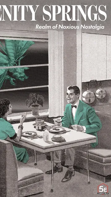 A 1950s couple dining at a table with a large insect outside the window.