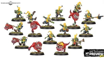 Nine painted Night Goblin and Squig miniatures on bases, with "THE BIG AUTUMN PREVIEW" text.