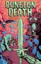 "Dungeon Death" title, sword, skull, bat, monster, shield, flames, and blue drops.