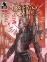 Man with spiked blond hair, wearing a dark, armored vest over a torn shirt, stands in a gothic cityscape. Red blood-like streaks and symbols appear in the sky. Title reads "Baldur’s Gate". Small label shows "Cover B" and issue number "1".