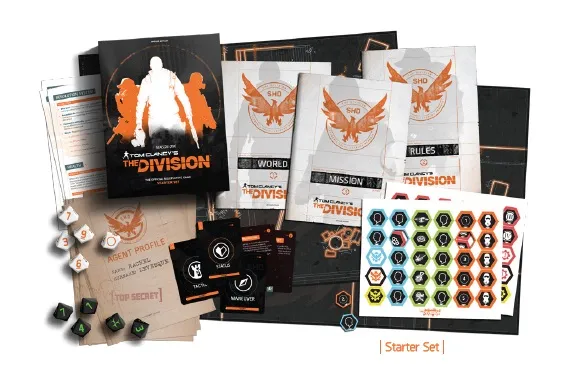 The image showcases the Starter Set for Tom Clancy’s The Division tabletop RPG, featuring several components laid out on a dark background. Prominent items include three booklets labeled "World," "Rules," and "Mission," along with a set of custom D10 dice in green and black. Additional elements include character profile cards, tokens, and a tactical map, all designed with thematic graphics that reflect the game's aesthetic. The overall presentation emphasizes the game's immersive experience and readiness for play.