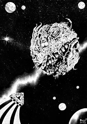 A monstrous, grotesque planet with a gaping, toothy maw dominates the scene, surrounded by a dark, starry space filled with various celestial bodies, including planets and distant stars. The planet's surface is intricately detailed, showcasing a chaotic blend of organic and mechanical elements, evoking a sense of horror and otherworldliness. In the foreground, a stylized structure resembling a circus tent or a grand entrance is partially visible, adding a surreal contrast to the ominous presence of the planet.
