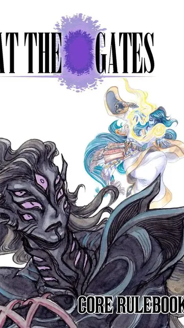 "AT THE GATES" text above a dark figure with multiple eyes and a blue-haired figure holding a book.