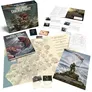 A boxed set titled "Trench Crusade: Carcass Front" features a dramatic cover illustration of a monstrous creature, possibly a leviathan, amidst a chaotic battlefield scene. Surrounding the box are various game components, including a detailed map, scenario cards, and rule sheets, all laid out on a surface. The map depicts locations within the fictional setting of New Antioch, while the scenario cards and manuals provide gameplay instructions and narrative context for the skirmish game.