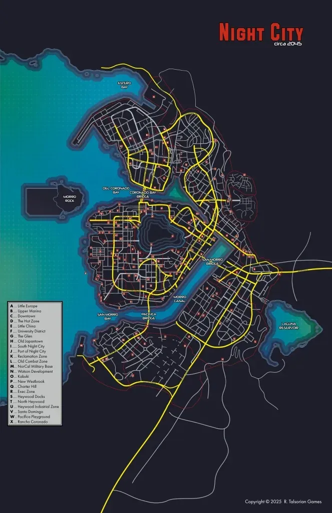 A detailed map of Night City circa 2045, showcasing the layout of the city with various districts outlined in yellow. Key areas such as Little Europe, Downtown, and the Hot Zone are labeled, along with bodies of water like Estero Bay and Morro Bay. The map features a dark background, enhancing the visibility of the streets and districts, making it a useful reference for players of the Cyberpunk RED tabletop RPG.