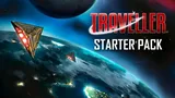 Traveller Starter Pack text with a planet, two spaceships, and a red nebula.
