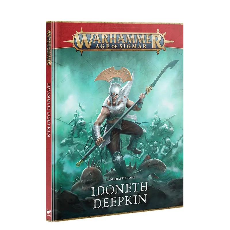 A detailed Battletome titled "Idoneth Deepkin" features a striking cover illustration of a muscular aelf warrior wielding a spear, adorned with a distinctive helmet and armor. The background depicts a tumultuous underwater scene with various aquatic creatures and additional aelves, emphasizing the high-seas theme. The title is prominently displayed at the bottom, with the Games Workshop logo at the top, set against a color palette of greens and blues, evoking a sense of oceanic adventure.