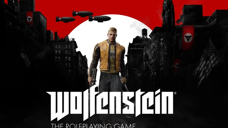 A muscular, blonde male character stands prominently in the foreground, wearing a yellow and black jacket, with a gun in one hand and a determined expression. Behind him, a dark, dystopian cityscape is visible, featuring crumbling buildings and Nazi flags, with ominous airships hovering in the sky. The title "WOLFENSTEIN" is displayed in bold white letters at the bottom, accompanied by the subtitle "THE ROLEPLAYING GAME."