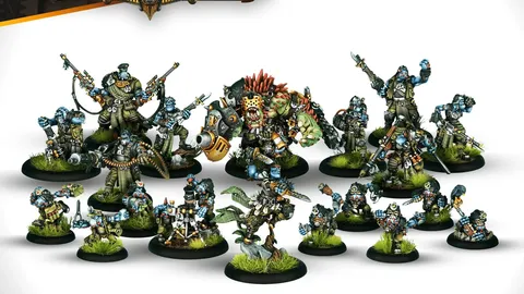 A collection of miniatures from the Southern Kriels Kithguard Army for Warmachine, featuring various trollkin jungle fighters. Prominent figures include Lead Captain Grimtusk, a fierce warlock, and Chomper, a dire troll, alongside Captain Grindstone and several infantry units. The miniatures are detailed, showcasing vibrant colors and dynamic poses, set against a simple background that highlights their intricate designs.