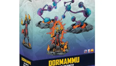 A box for the "Marvel: Crisis Protocol - Dormammu Ultimate Encounter" set features a striking illustration of Dormammu, depicted with fiery elements and a menacing stance, surrounded by swirling dimensional rifts. The packaging includes vibrant colors, with a dark background contrasting against the bright flames and mystical rifts. The title "DORMAMMU ULTIMATE ENCOUNTER" is prominently displayed at the bottom, indicating the contents of the set.