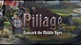 A stylized logo for the game "Pillage" features bold, metallic lettering with a wooden shield backdrop, emphasizing the theme of ransacking during the Middle Ages. In the background, Viking warriors are depicted, equipped with shields and weapons, set against a scenic landscape that includes rolling hills and distant fortifications. The subtitle "Ransack the Middle Ages" is displayed prominently beneath the main title, highlighting the game's focus on narrative-driven skirmishes.