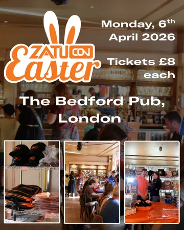ZatuCon Easter '26 is hosted at The Bedford Pub in London, featuring a vibrant atmosphere with attendees engaging in gameplay and discussions. The image showcases a display of Zatu-branded merchandise, including caps and bags, alongside scenes of people enjoying games at tables and interacting with event staff. Prominent text highlights the event details, including ticket pricing and location.
