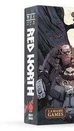 A game box for "Red North" features a stylized illustration of three warriors, including a large bearded figure and a smaller character, set against a backdrop of a Norse-inspired landscape with a tent and a large tree. The title "RED NORTH" is prominently displayed in bold red letters, with the designer's name, James Dickinson, below it. The box also includes the logos for Mighty Boards and La Mame Games.