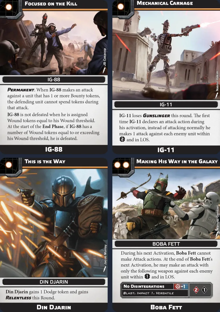 The image features several character cards from the Star Wars Legion game, showcasing new bounty hunters. On the left, IG-88 is depicted with a description of its abilities, including a permanent effect related to Bounty tokens. Next to it, IG-11's card highlights its unique attack capabilities. Below, Din Djarin is illustrated, gaining a Dodge token and the Relentless ability. On the right, Boba Fett's card details his attack restrictions and special abilities, emphasizing his iconic status. The cards are designed with thematic artwork and text, enhancing the gameplay experience.