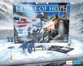 The image features the box art for "Star Wars: Battle of Hoth," showcasing a snowy battlefield scene with Rebel soldiers in action, equipped with blasters and wearing winter gear. In the foreground, two AT-AT walkers are positioned alongside game components, including cards and dice, set on a hexagonal game board. The title "BATTLE OF HOTH" is prominently displayed at the top, with branding from Asmodee and Days of Wonder visible in the corners.