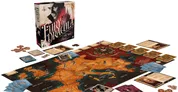The image features the box for "Fury of Dracula: 5th Edition," prominently displaying a dramatic illustration of Dracula alongside the game's title. In the foreground, a detailed game board depicts a map of Europe, with various routes and cities marked, while several character miniatures representing hunters are positioned on the board. Accompanying components include cards, tokens, and a few additional game pieces, all arranged around the box to showcase the game's elements.