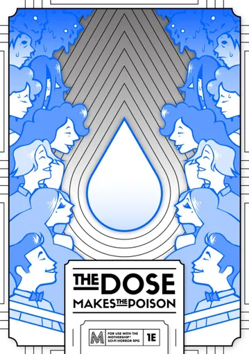 A stylized illustration with a repeating pattern of blue and white silhouettes of people with voluminous hair, arranged in a circular formation. In the center, there is a large, outlined teardrop shape. Below the teardrop, the text "THE DOSE" is visible, followed by "MAKES THE" in smaller font. The background features geometric, art deco-inspired patterns.