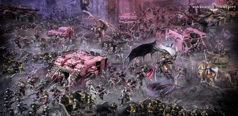 A dynamic scene showcases a multitude of Emperor's Children miniatures, prominently featuring pink-armored Chaos Space Marines amidst a dark, atmospheric backdrop. In the foreground, a striking figure with bat-like wings and elaborate armor stands out, surrounded by various other miniatures, including soldiers in tattered clothing. The setting is filled with gothic architecture and hints of chaos, enhancing the overall theme of hedonism and decay.